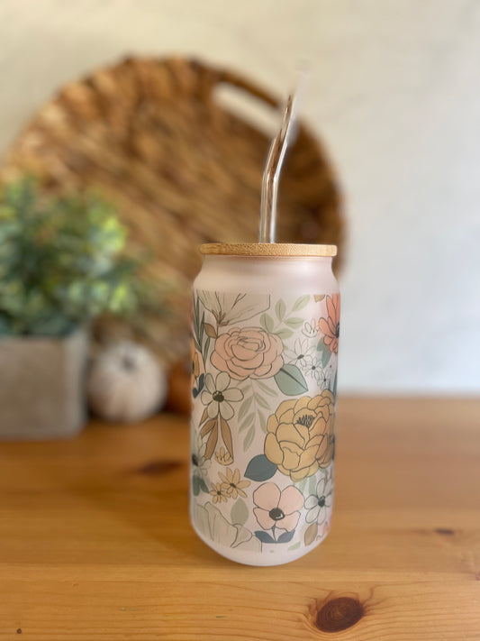 Retro Floral Beer Can Glass- Frosted